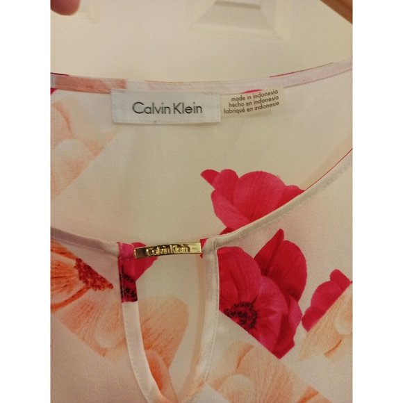 Women's Calvin Klein Ivory Blouse Pink Floral Print With Spellout Size Large - Picture 7 of 10